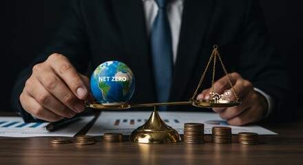 Businessman balancing a globe with net zero concept on a scale
