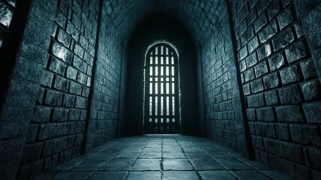 Dark dungeon corridor with stone wall, barred gate, and archway, creating mysterious, eerie atmosphere with cold light and shadow play in medieval prison interior
