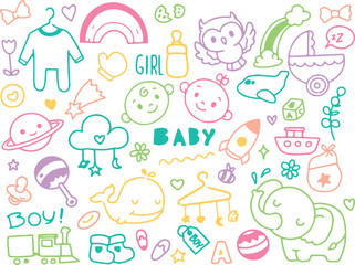 baby doodle icons, pastel baby illustrations, cute baby clipart, baby shower symbols, childlike drawing set, newborn vector sketch, transparent background

