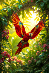 Vibrant Scarlet Macaw in Tropical Canopy