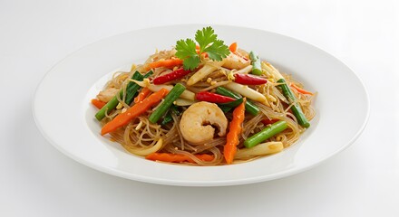 plate of Thai-style stir-fried glass noodles with vegetables, isolated on white background for food photography and culinary presentation