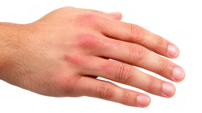 Close up of a male hand exhibiting a red rash, potentially indicating a skin condition like eczema or contact dermatitis, isolated on a transparent background