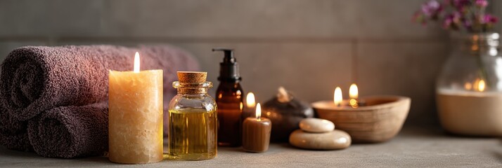 Relaxing Warm Bath Setup Featuring Candles, Soothing Oils, and Neatly Arranged Towel for Ultimate Self-Care Experience