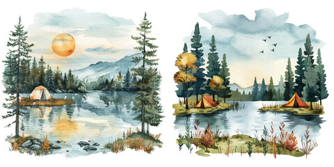 camp lake watercolor vector illustration