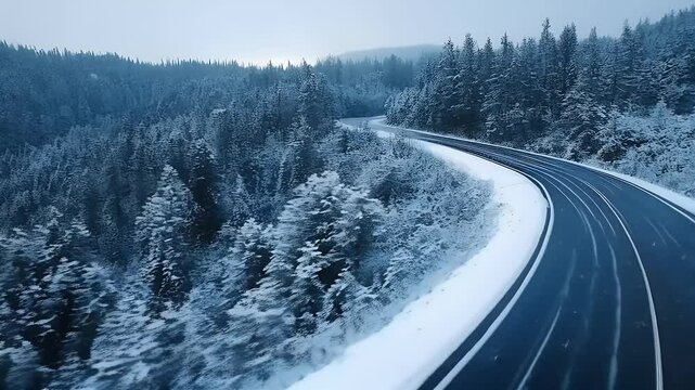 Winding road through snowy forest