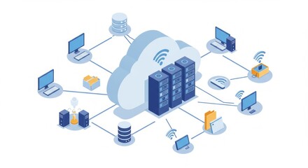 Cloud computing network diagram.  Connecting various devices and servers to a central cloud