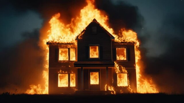 House fire burning at night with intense flames and dark smoke, emergency response to dangerous fire disaster causing destruction and fire hazard in burning building