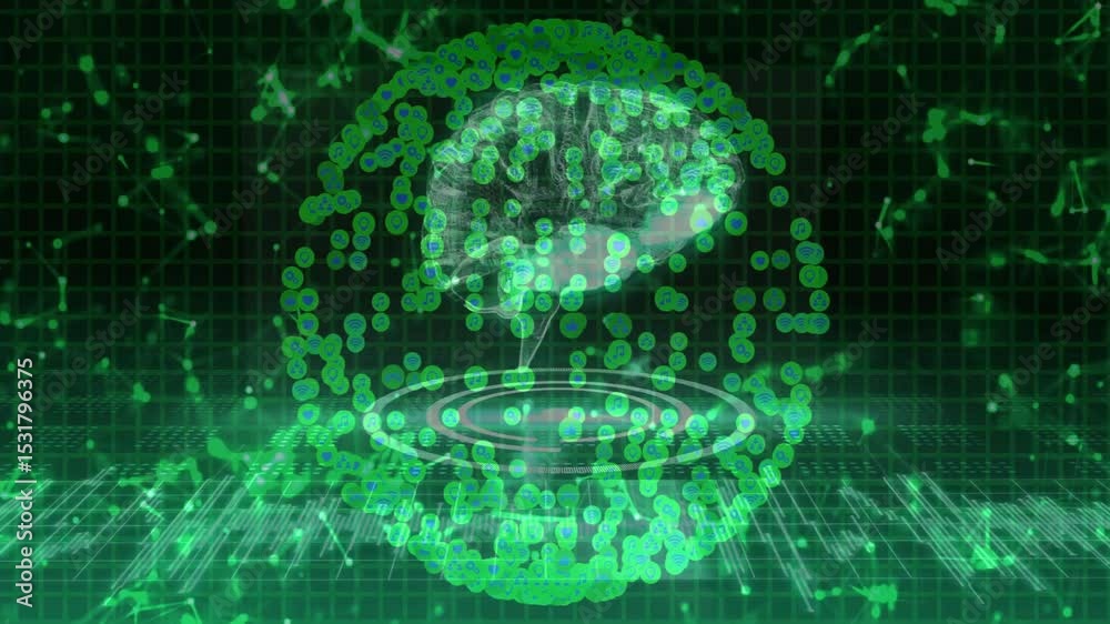Poster grid emerging, orb forming with rotating brain, ring pulsing and network flashing for neural map
