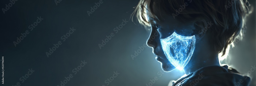 Aufkleber teen profile icon with cyber shield illuminated by a glowing orb creates a captivating futuristic at