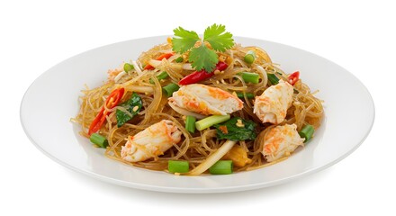 Plate of Thai-style fried glass noodles with crab meat isolated on white background for culinary presentation and food photography