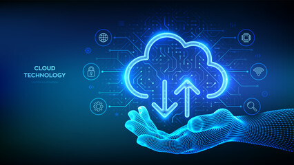Cloud computing service. Cloud icon in wireframe hand. Secure Cloud Storage. Database storage, Data center. Upload download app. Circuit board pattern. PCB printed circuit texture. Vector illustration