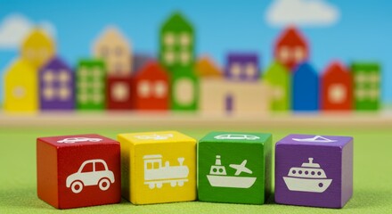 Colorful wooden blocks depicting transportation in a miniature city