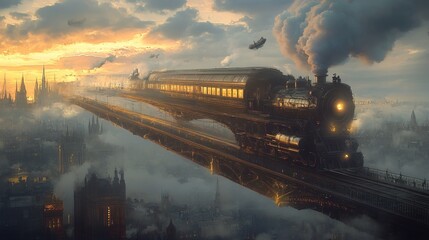 A Victorian-style steam-powered monorail, gliding through an alternate history skyline