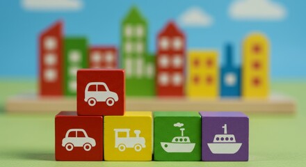 Colorful wooden blocks forming a cityscape with vehicles
