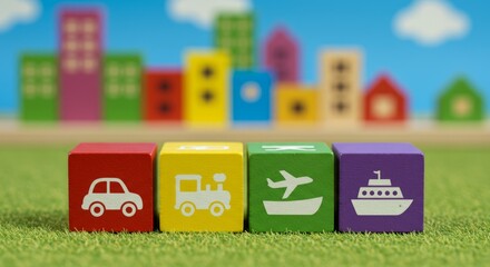 Colorful wooden blocks representing transportation options in a miniature city setting