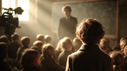 Fototapeta premium Cinematic education scene with children attentively watching teacher in softly lit classroom, creating warm and focused atmosphere.