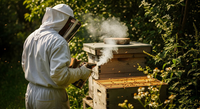 Beekeeper smoking a bee hive to collect honey