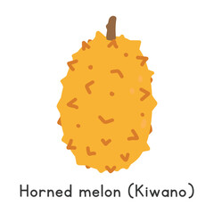Horned melon flat vector illustration. Yellow horned melon or Kiwano or Cucumis metuliferus cartoon clipart style. Also known as African horned cucumber, jelly melon, spiked melon, or hedged gourd
