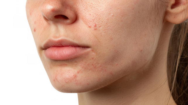 Close up of a young woman's face displaying an acne breakout, emphasizing skin issues and the importance of dermatological care on a transparent background