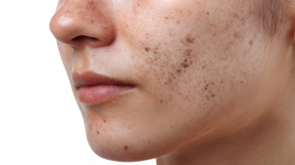 Close up of a woman's face highlighting a skin condition like hyperpigmentation or melasma, set against a transparent background, emphasizing the need for skincare and treatment