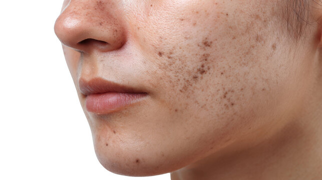 Close up of a woman's face highlighting a skin condition like hyperpigmentation or melasma, set against a transparent background, emphasizing the need for skincare and treatment