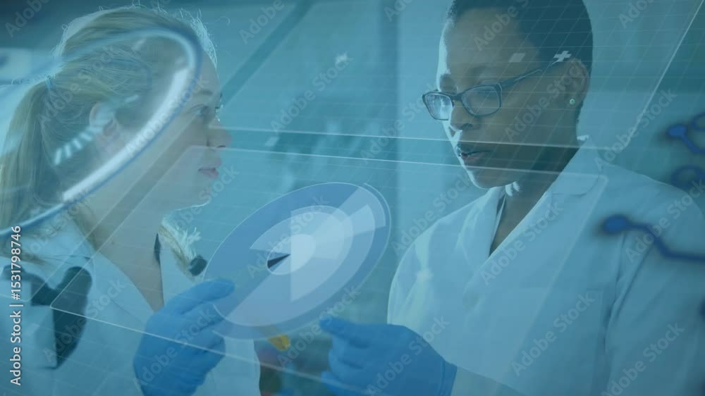 Poster lab scientists picking test tube and analyzing holographic data rotating wafer disk under overlay