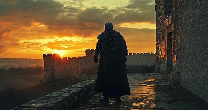 Silhouette of a person walking away from a castle at sunset
