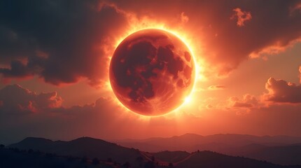 Dramatic solar eclipse over mountains. Fiery corona, silhouetted landscape. Best for science, astronomy, nature themes.