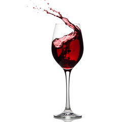 Wine glass with red wine splash, elegant dining concept, dramatic lighting, isolated on white background, luxury beverage, professional photography style, commercial quality