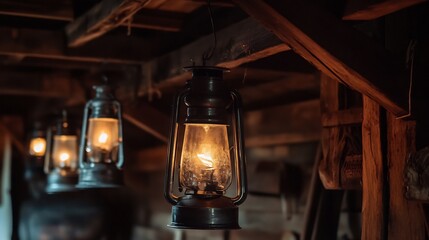 Collection of old metal kerosene lanterns hanging from a wooden beam in a dimly lit barn their flickering light casting nostalgic shadows on the walls