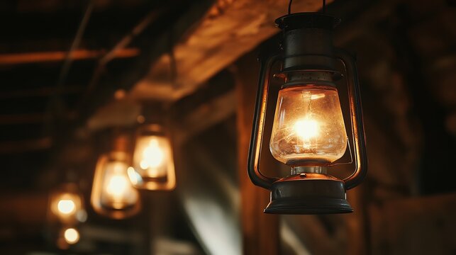 Collection of old metal kerosene lanterns hanging from a wooden beam in a dimly lit barn their flickering light casting nostalgic shadows on the walls