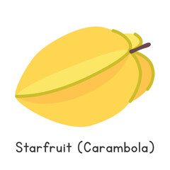 Starfruit flat vector illustration. Yellow ripe Starfruit or Carambola cartoon clipart style isolated on white background. Tropical and Exotic fruit concept