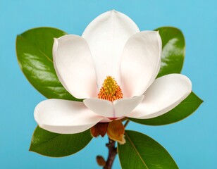 Fototapeta premium Elegant White Magnolia Grandiflora Blossom on Blue