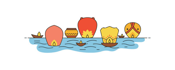 flat vector icon of religious festival asalha puja, Floating Lanterns on the River, suitable for design and infographic applications
