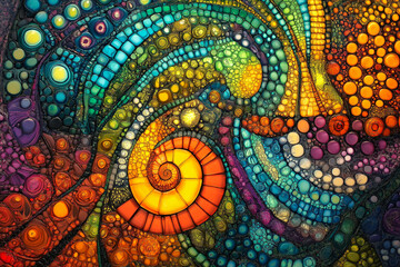 Psychedelic abstract mosaic with spiral shapes and vivid colors in a surreal inspired art style.