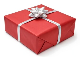 Red gift box with silver ribbon and bow isolated on white background.