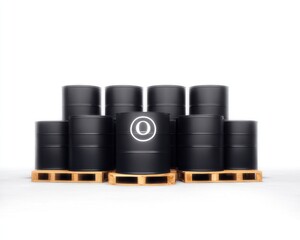 Black barrels on wooden pallets