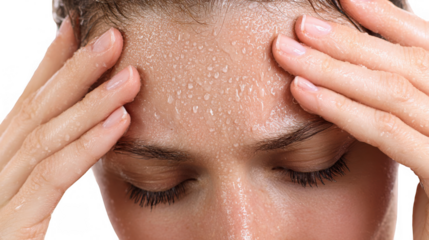 Close up of a woman touching her sweaty forehead, experiencing stress, discomfort, and potential health issues, isolated on a transparent background