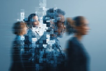 Business people in motion, overlaid with a mosaic effect.