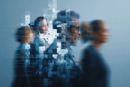 Business people in motion, overlaid with a mosaic effect.