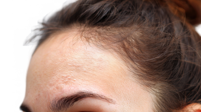 Close up of dry skin on a woman's forehead, highlighting a common skin issue that affects many people, isolated on a transparent background - Powered by Adobe