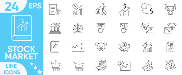 Stock market icon set.stock exchange, Investment, finance, bear market, value, budget, tablet, financial goal, shares, investment, bull market and more.Vector and illustrator set.