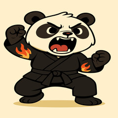 A funky cartoon panda yelling a kung fu battle cry, wearing a black suit with flame sleeves. Fierce stance, funny teeth, and a solid background add to the bold and playful look.