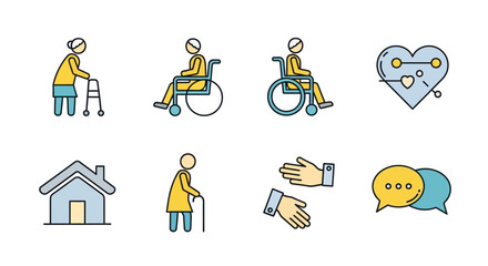 Elderly Care Icons  Wheelchair, Walker, Home, Support, Communication