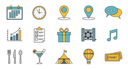 Colorful Line Icons Calendar, Clock, Map, Chat, Graph, Checklist, Gift, Film Reel, Music Note, Cutlery, Cocktail, Circus Tent, Hot Air Balloon, Ticket