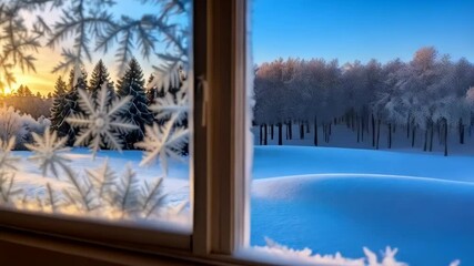 Frost crystals on a window pane overlooking snowy landscape with forest and sunset, creating an icy winter scene, capturing cold season holiday mood. - Powered by Adobe