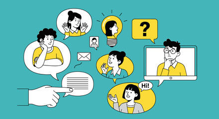 Brainstorming Digital Connections: A vibrant digital illustration depicting a multitude of individuals engaged in online communication.