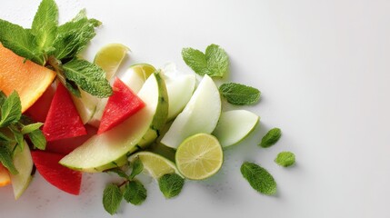 Fresh Cut Fruits with Mint Leaves on White Background