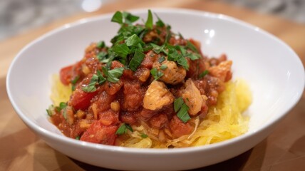 Fototapeta premium A bowl of spaghetti squash topped with a chunky tomato and chicken sauce garnished with fresh basil leaves.