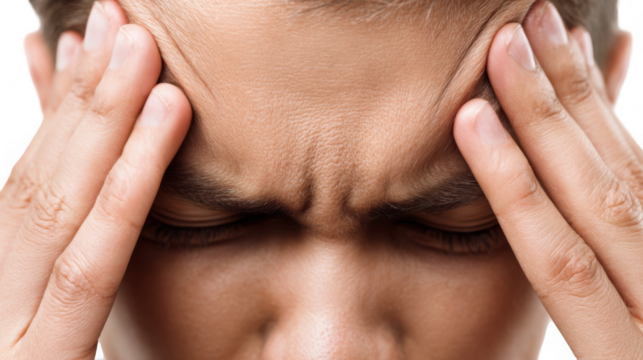 Close up of a man experiencing a severe headache, touching his temples with his fingers, his face showing signs of pain and discomfort, isolated on a transparent background